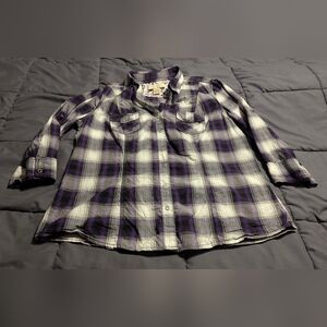 Arizona Jean Company Purple And Black Plaid Snap Button Down Shirt Size XL
